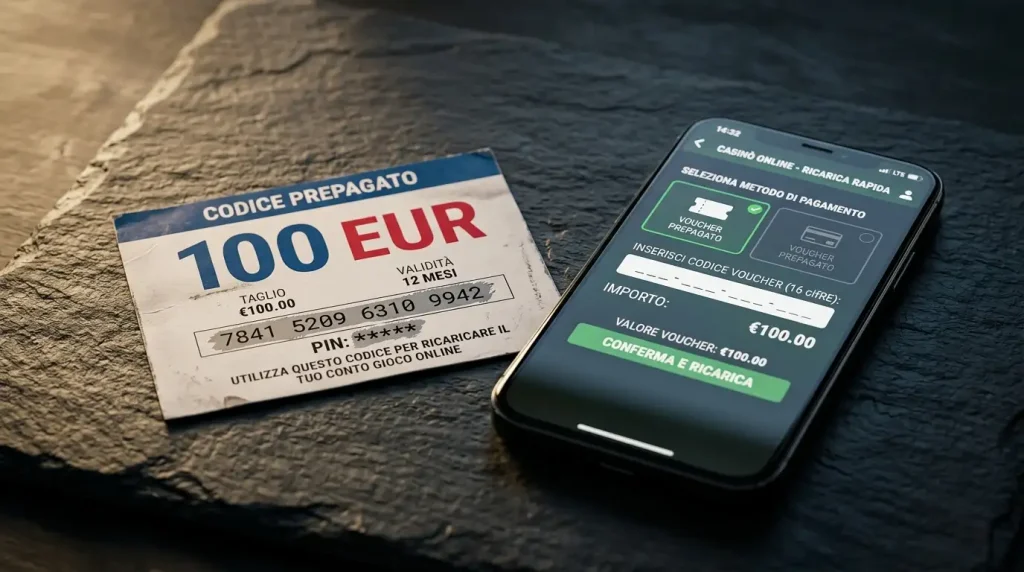 Voucher Neosurf da 100 euro su tavolo elegante accanto a uno smartphone con la cassa di un casinò online in primo piano