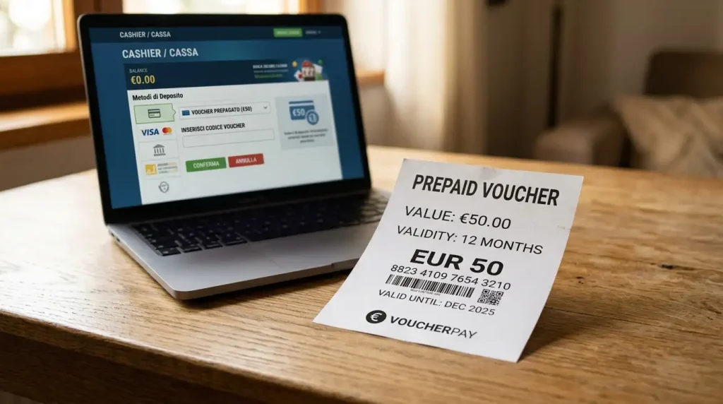 Voucher Neosurf da 50 euro appoggiato accanto a un computer portatile aperto sulla pagina cassiere di un casinò online