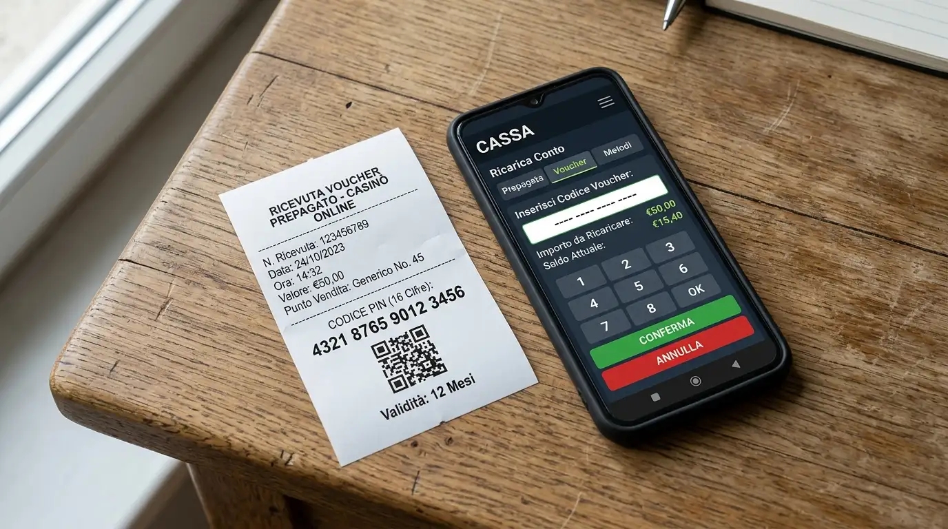 Voucher prepagato accanto a uno smartphone con la cassa di un casinò online aperta sul tavolo