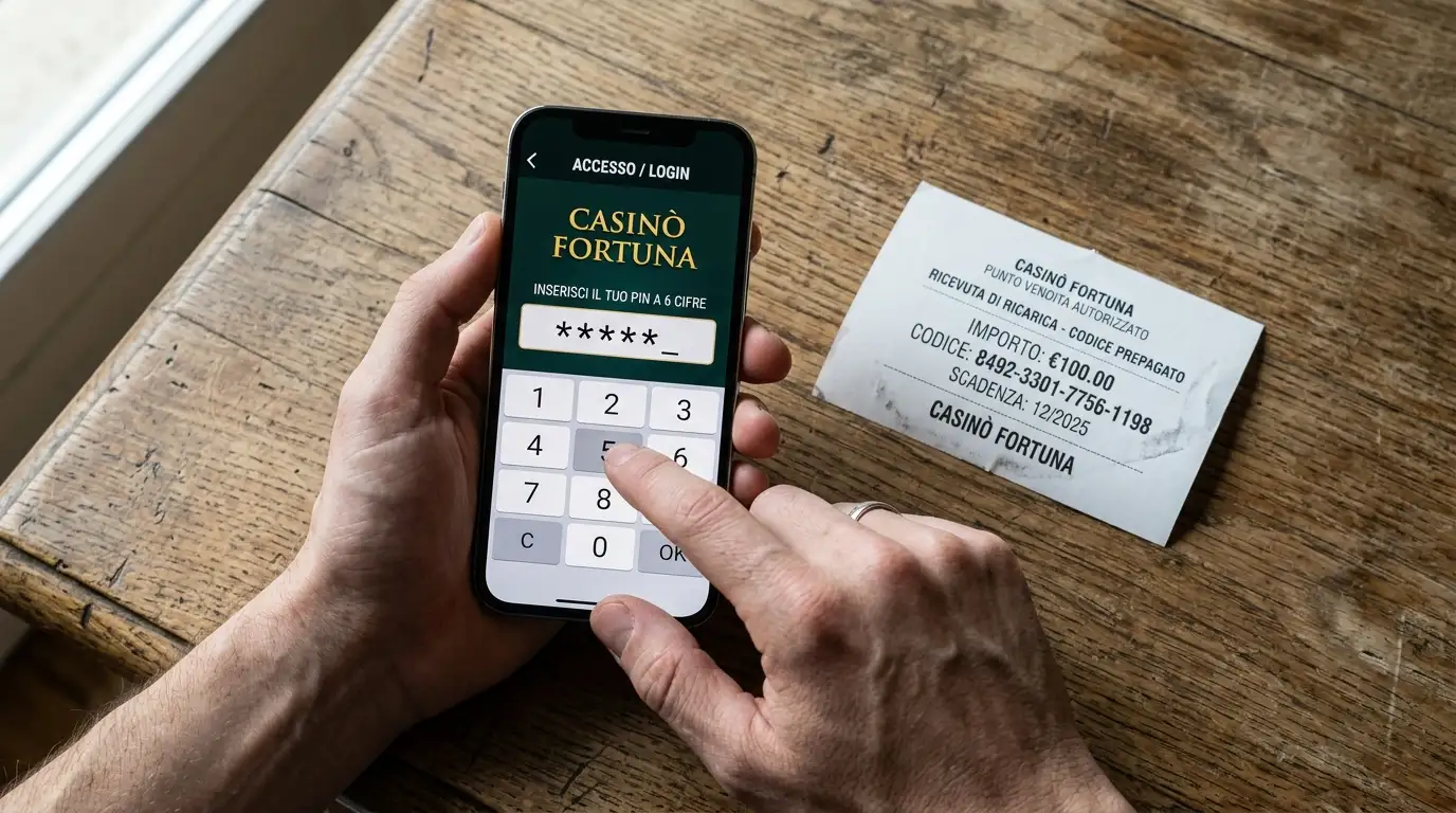 Mani che digitano un codice PIN su smartphone con scontrino voucher prepagato appoggiato accanto