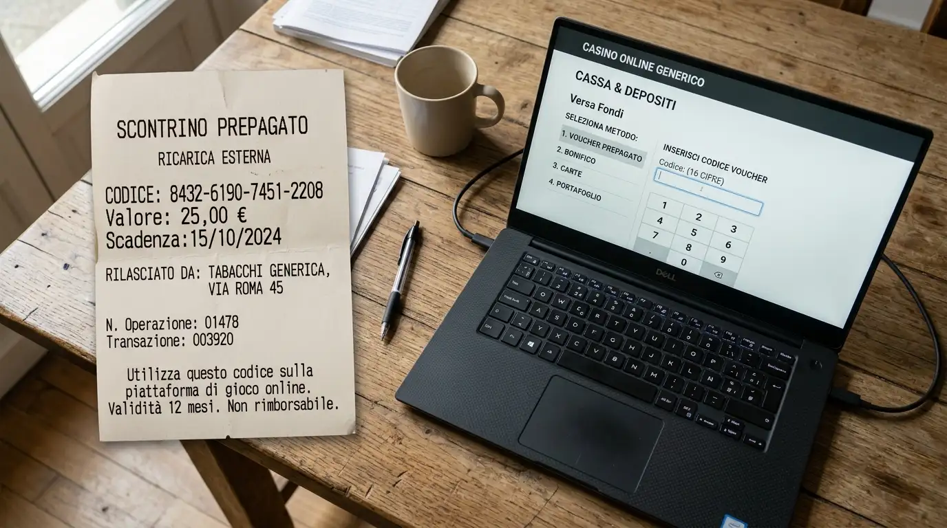 Voucher prepagato accanto al laptop con la pagina cassiere di un casinò pronta per la roulette