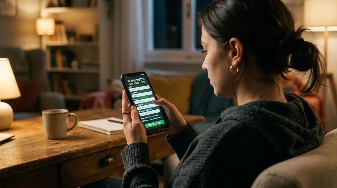 Persona di spalle che osserva uno smartphone con schermata di registrazione di un casinò online, valutando una piattaforma sconosciuta