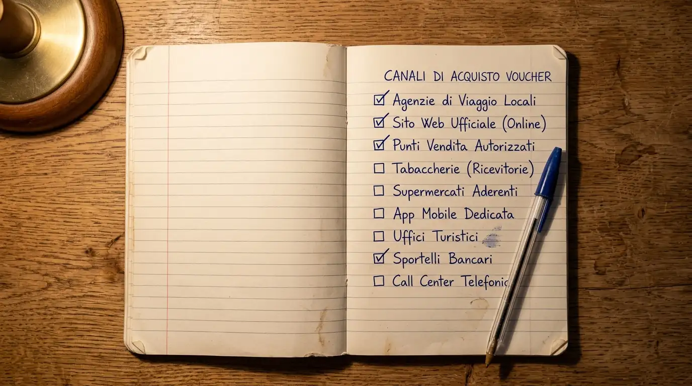 Quaderno aperto con una lista di canali di acquisto verificati per i voucher prepagati scritta a penna