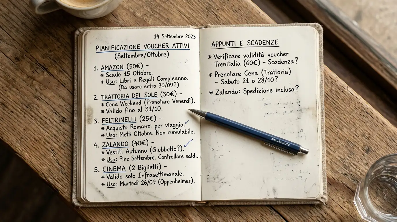 Quaderno aperto con annotazioni di pianificazione su quando utilizzare voucher prepagati attivi