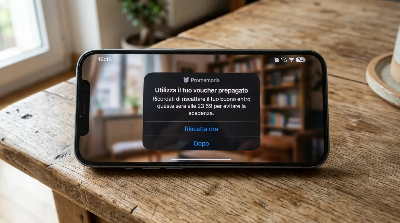 Smartphone su un tavolo che mostra una notifica promemoria per utilizzare un voucher prepagato