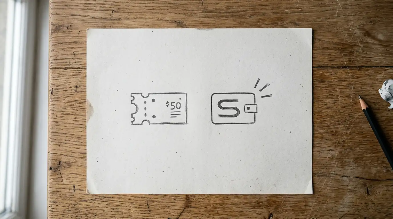 Foglio bianco su scrivania con due semplici icone disegnate a mano per voucher e portafoglio digitale