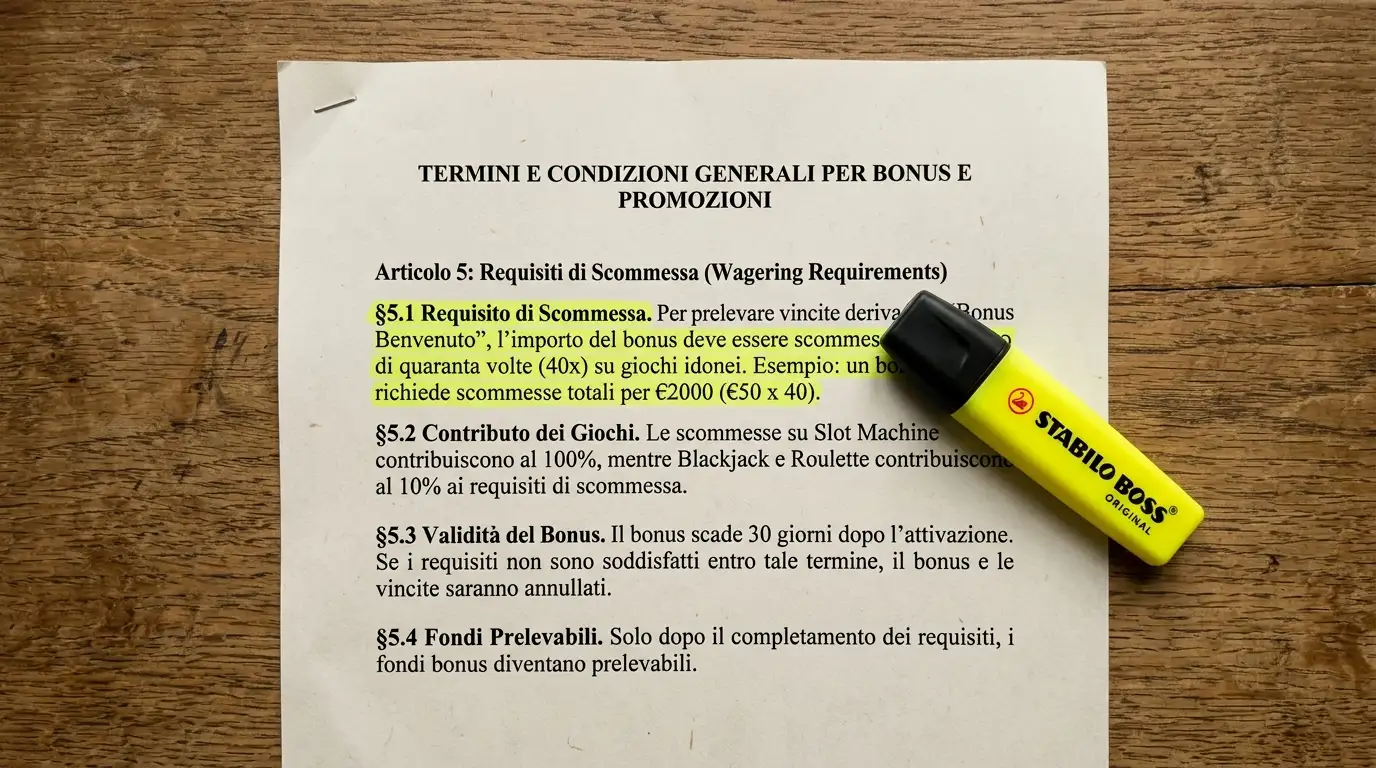 Foglio stampato con condizioni di puntata di un bonus su scrivania, evidenziatore sopra una clausola chiave