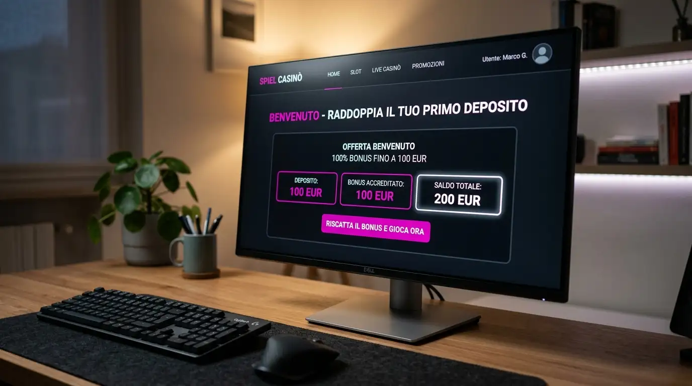 Pagina di benvenuto di un casinò online con dettaglio del bonus sul primo deposito