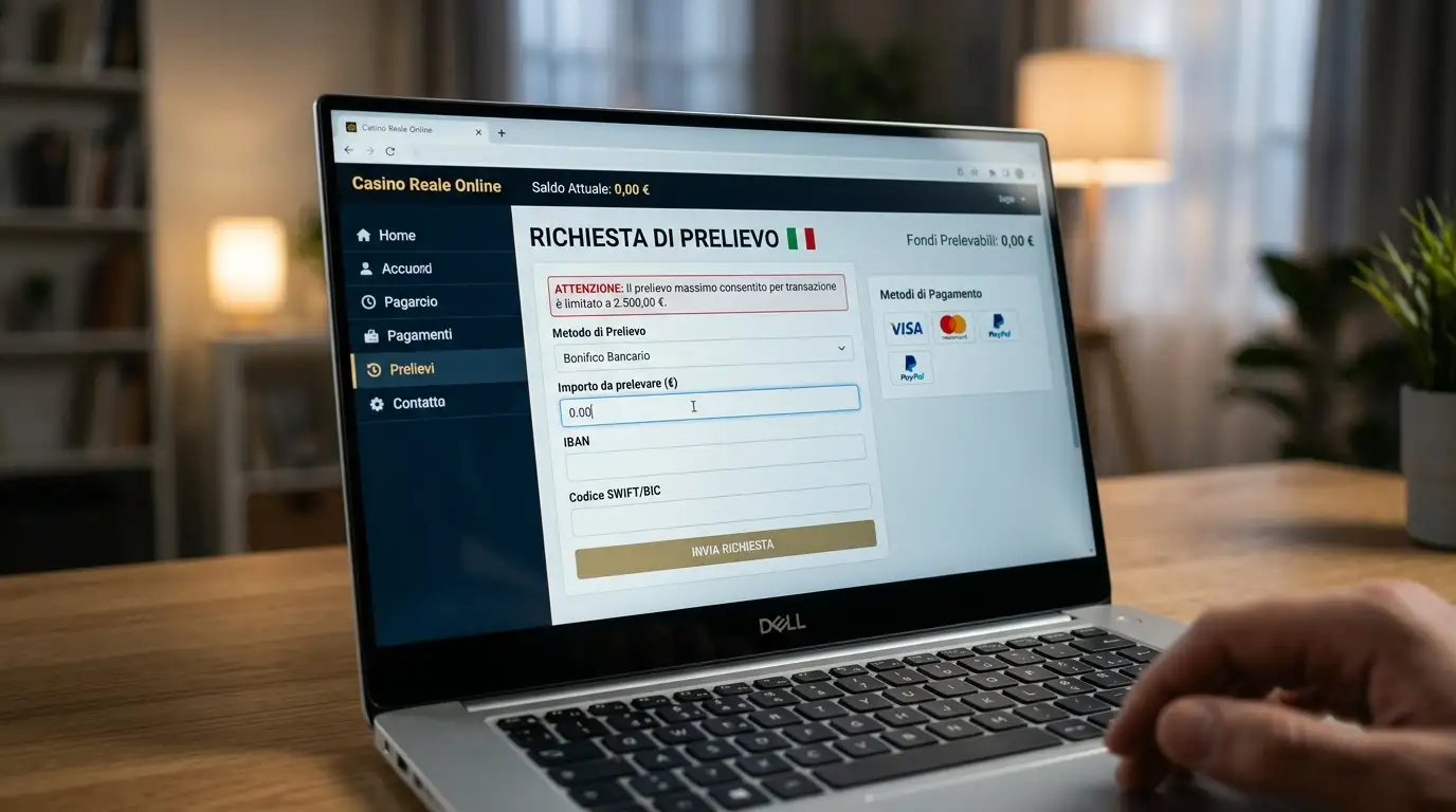 Schermo di laptop sulla pagina di prelievo di un casinò online che indica un tetto massimo da bonus